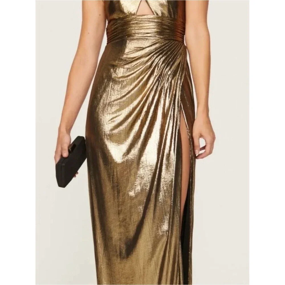 NEW Ieena for Mac Duggal 26738 Gold Metallic Criss Cross Halter Neck Gown Size 6